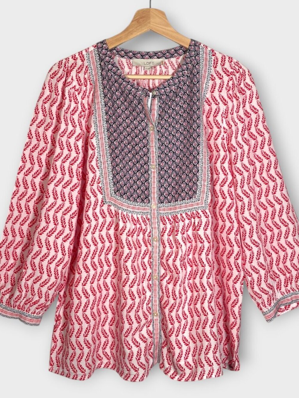 LOFT Button Up Blouse M Balloon Sleeves Red Blue NEW